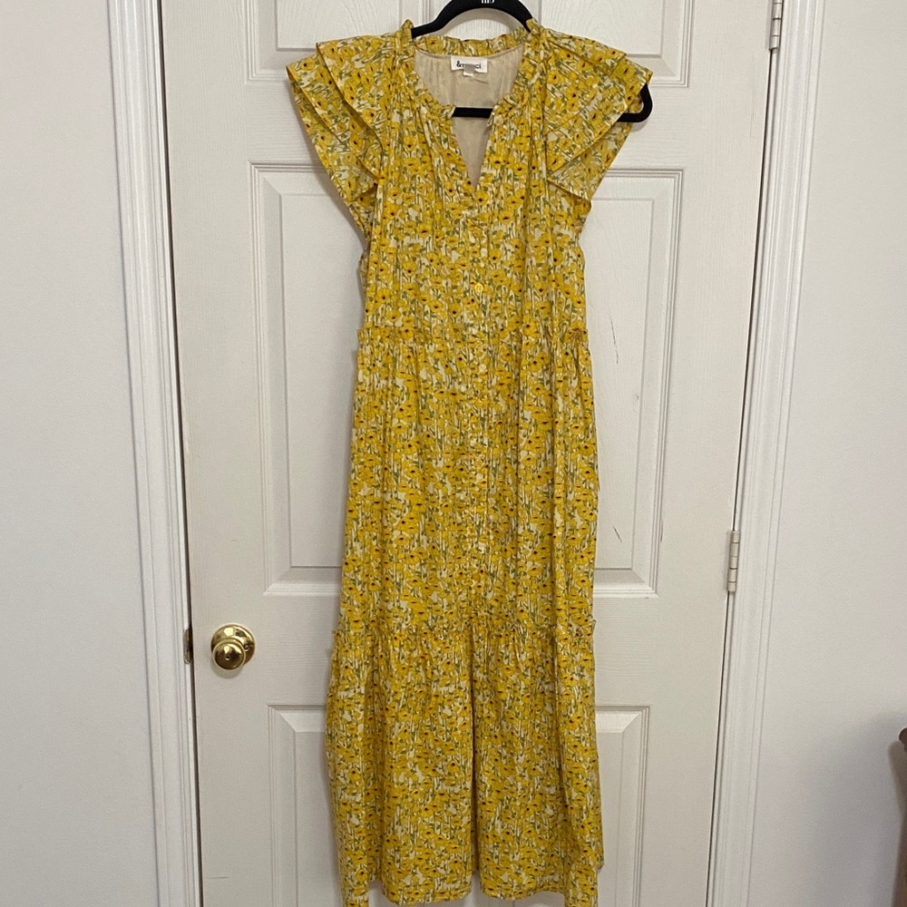 Sunny Yellow Floral Midi Dress with Ruffle Sleeves